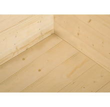 Holzhaus Ecke mit Holzwänden und Holzboden