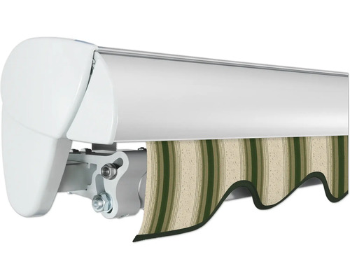 Detailansicht einer Gelenkarmmarkise mit gestreiftem Stoff