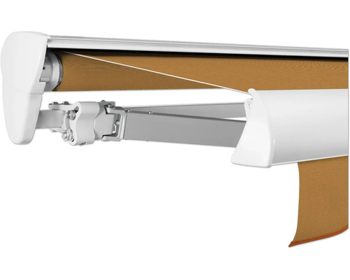 SOLUNA Halbkassettenmarkise Classic 4x3,5 Dessin S2180 Gestell E6EV1 silber eloxiert Antrieb links inkl. Motor und Wandschalter
