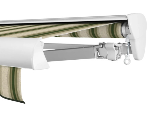 SOLUNA Halbkassettenmarkisen Classic 4,5x2 Stoff Dessin 320b70 Gestell E6EV1 silber eloxiert Antrieb rechts inkl. Kurbel