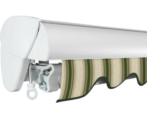 Detailansicht einer Markise mit gestreiftem Stoff