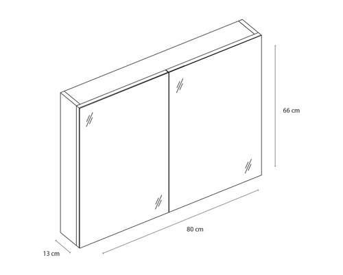Abbildung eines Spiegelschranks mit den Maßen 80 cm Breite, 66 cm Höhe und 13 cm Tiefe.