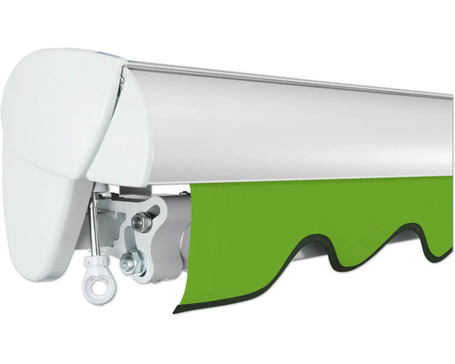 Markise mit grüner Stoffbahn im Detail