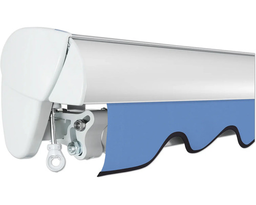 Detailansicht einer Gelenkarmmarkise mit Volant