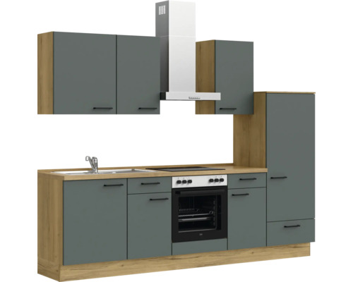 Komplette Küche mit Spüle, Kochfeld, Backofen, Dunstabzugshaube und Schränken
