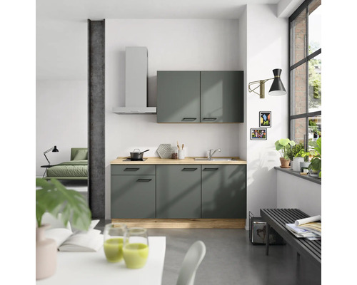 NOBILIA Küchenzeile mit Geräten Urban 180 cm Frontfarbe mineralgrün matt Korpusfarbe eiche sierra Variante links