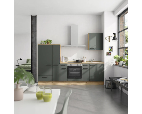 NOBILIA Küchenzeile mit Geräten Urban 270 cm Frontfarbe mineralgrün matt Korpusfarbe eiche sierra Variante links