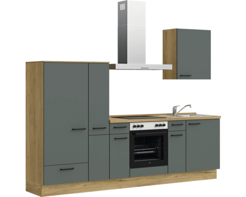 Küchenzeile mit Spüle, Herd, Backofen, Dunstabzugshaube und Schränken