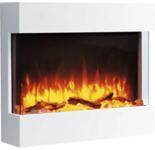 Elektrischer Kamin mit weißer Umrandung, Flammenbild und Holzscheitdekoration
