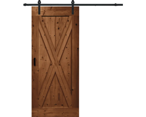 Pertura Schiebetür-Komplettste Barn Door Vintage braun grundiert X-Brace 100x235 cm inkl. Türblatt,Schiebetürbeschlag Basic Rail,Abstandshalter 35 mm und Griff-Set