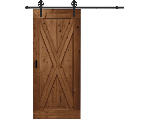 Pertura Schiebetür-Komplettste Barn Door Vintage braun grundiert X-Brace 95x215 cm inkl. Türblatt,Schiebetürbeschlag Speichen Rail,Abstandshalter 35 mm und Griff-Set