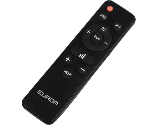 Schwarze Fernbedienung mit verschiedenen Tasten wie Modus, Set, Eco und Lautstärkeregelung