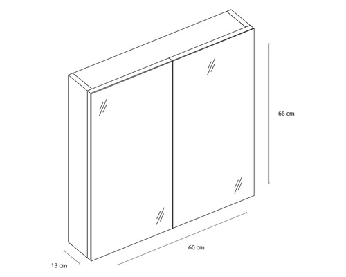 Skizze eines Spiegelschranks mit den Maßen 66 cm Höhe, 60 cm Breite und 13 cm Tiefe