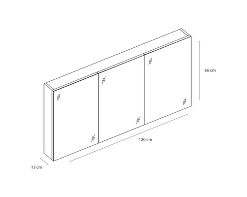 Zeichnung eines Spiegelschranks mit drei Türen und Maßangaben.