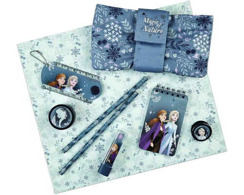 Schulbedarf mit Frozen Motiven auf gemustertem Papier
