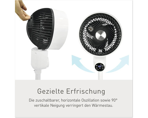 Weißer Ventilator mit einstellbarer horizontaler Oszillation und vertikaler Neigung