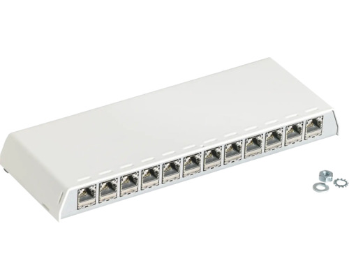 Netzwerkverteiler mit zwölf Anschlüssen sowie Befestigungsmaterial