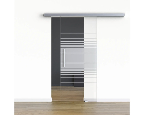 Pertura Glasschiebetür Komplettset Glera Horizon 775x2050 mm inkl.Beschlag Selir Aluminium Edelstahloptik,Stangengriff Glasschiebetür mit horizontalem Streifenmuster und Griff