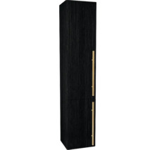 Schmaler schwarzer Badschrank mit zwei Türen und goldenen Griffen