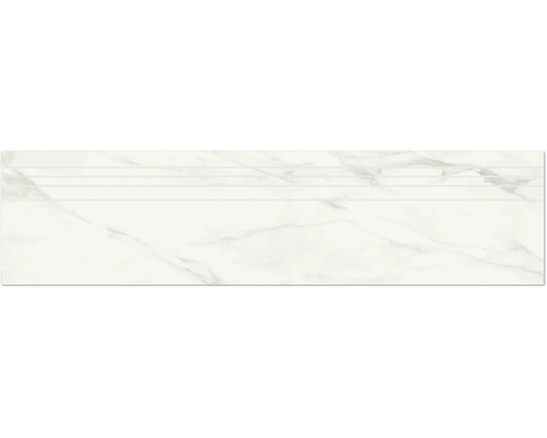 Feinsteinzeug Treppenstufe Eterna 29,5 x 120 x 0,9 cm white poliert Weiße Marmorfliese mit drei Rillen