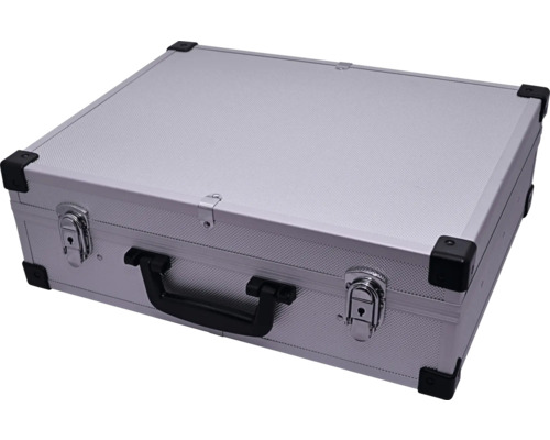 Silberner Werkzeugkoffer mit Griff und Verschlüssen