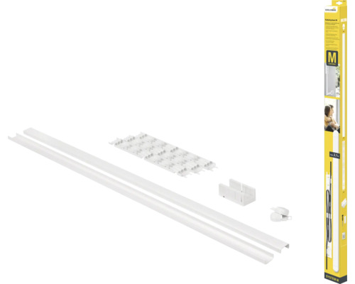 Schellenberg Kabelsystem M: Einzelne Kabelkanäle und Zubehörteile neben der Produktverpackung.