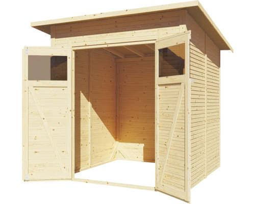 Offener Holz Geräteschuppen mit Doppeltür und Fenstern.