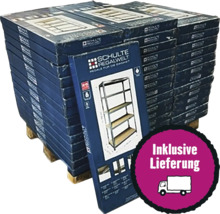 Stapelkartons mit dem Schulte Regalwelt Regalsystem und dem Hinweis inklusive Lieferung.