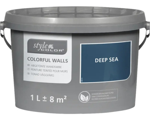 StyleColor COLORFUL WALLS Wand- und Deckenfarbe deep sea 1 L Style Color Abtönfarbe Colorful Walls Deep Sea in einem grauen Eimer