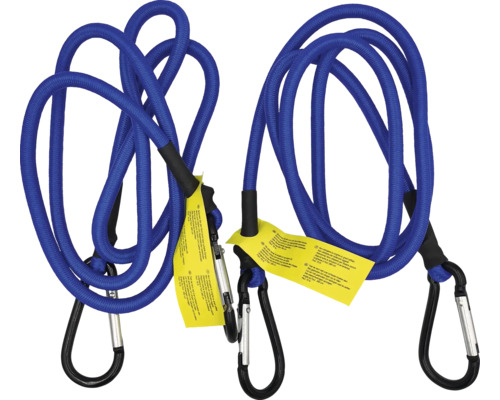 Zwei blaue Spanngummis mit Karabinerhaken