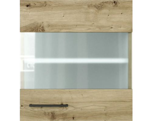 Detailansicht eines Möbelfronts mit Holzstruktur, Glaseinsatz und Griff