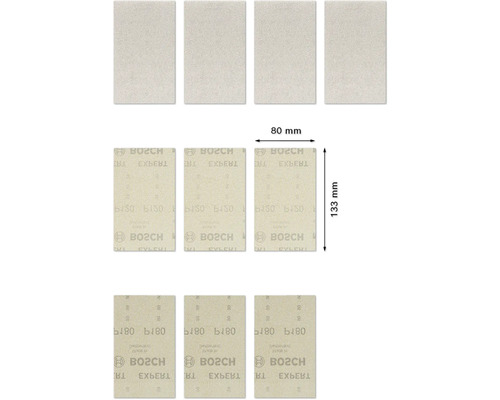 Mehrere Schleifblätter der Marke Bosch mit den Maßen 80 mm x 133 mm