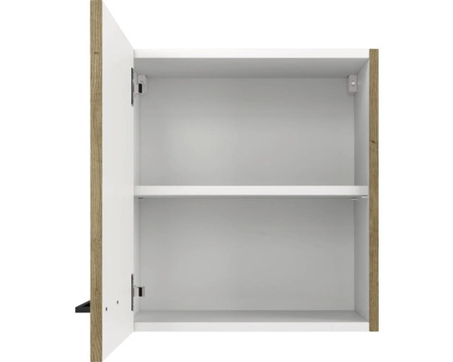 Geöffneter weißer Hängeschrank mit einem Einlegeboden