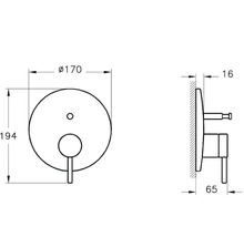 Technische Zeichnung eines Aufputz-Mischers mit Maßangaben