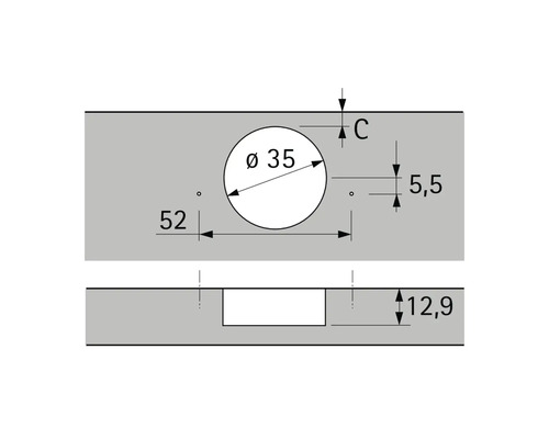 Bohrlochschema für Möbelbeschläge mit Maßangaben