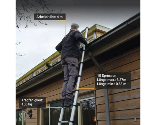 Mann auf einer Teleskopleiter bei der Arbeit an einer Dachrinne, Arbeitshöhe 4 Meter, Tragfähigkeit 150 Kilogramm, 10 Sprossen, maximale Länge 3,27 Meter, minimale Länge 0,83 Meter