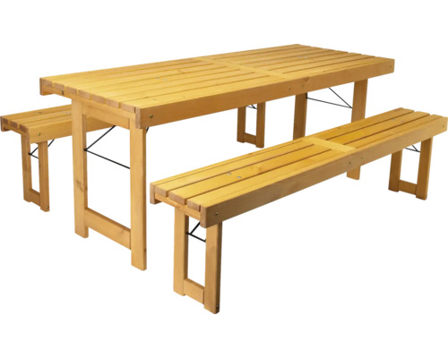 Bierzeltgarnitur Premium Wilk 3-tlg. Festzeltgarnitur mit Tisch, 2 Bänken aus Kiefernholz 180 x 70 x 71,5 cm, honig-braun Holz-Bierzeltgarnitur mit Tisch und Bänken für den Garten