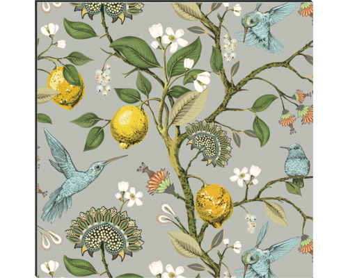 Dekoratives Muster mit Zitronen, Blüten und Kolibris auf einem grauen Hintergrund.
