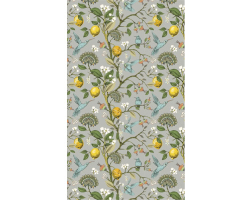 Gemustertes Textil mit Zitronen, Kolibris und floralen Motiven
