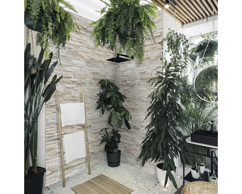 Badezimmer mit Dusche, Natursteinwand, Handtuchhalter und Pflanzen für eine natürliche Atmosphäre