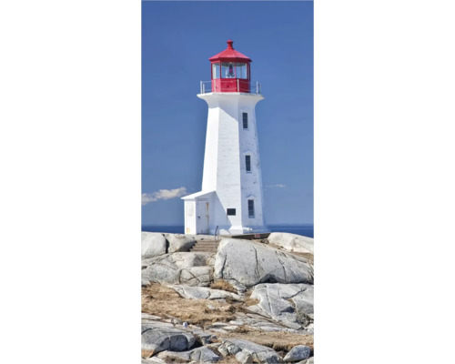 Weißer Leuchtturm mit roter Kuppel auf Felsen