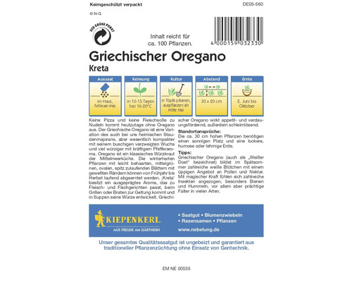 Griechischer Oregano der Sorte Kreta Saatgutpackung