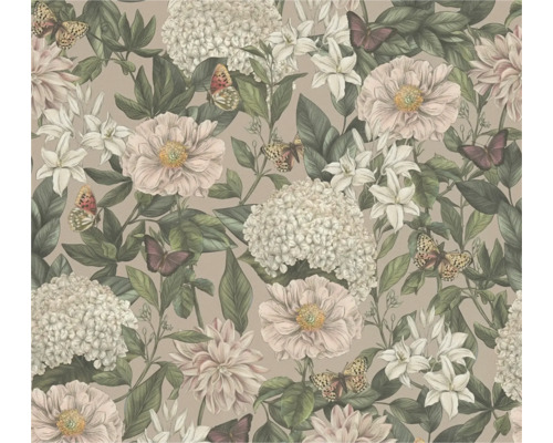 Vliestapete Drawn into Nature floral rosa grün weiß Tapete mit Blumenmuster und Schmetterlingen