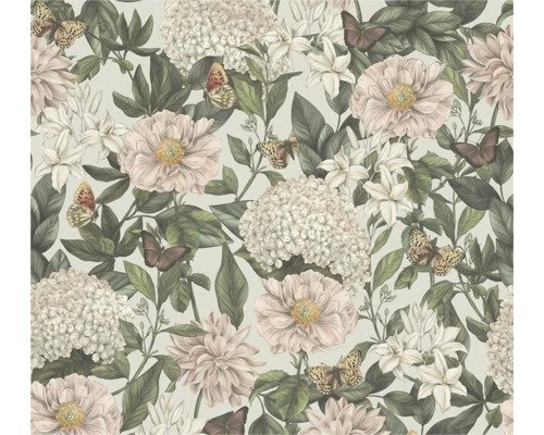 Vliestapete 39426-4 Drawn into Nature Floral hellgrau dunkelgrün Tapete mit Blumen- und Schmetterlingsmuster
