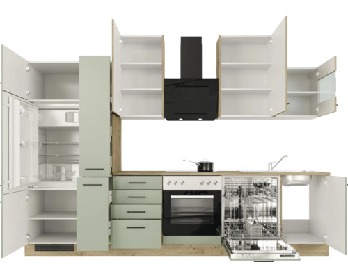 Moderne Küche mit Einbaugeräten, Spüle und offenen Schranktüren