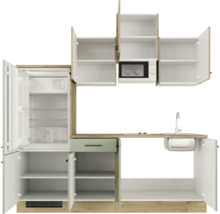 Kompakte Küchenzeile mit Kühlschrank, Mikrowelle, Spüle und Stauraum