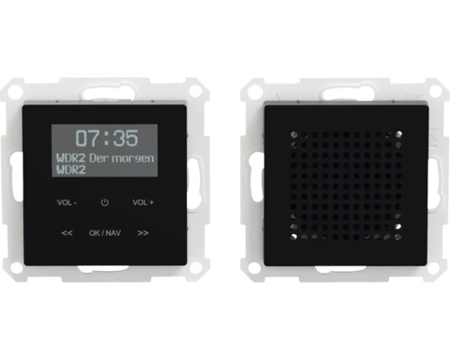 Merten MEG4375-0303 DAB+ Radio-Set mit Bluetooth + Lautsprecher System M schwarz Unterputzradio mit Display und Bedienfeld von vorn und Lautsprecher von hinten