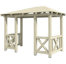 Holzpavillon mit quadratischem Dach und dekorativen Holzelementen
