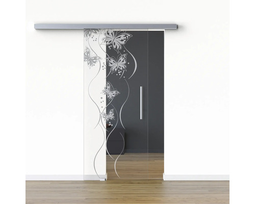 Pertura Glasschiebetür Komplettset Glera Butterfly 01 775x2050 mm Links inkl.Beschlag Selir Aluminium Edelstahloptik,Stangengriff Glasschiebetür mit Schmetterlingsmotiv