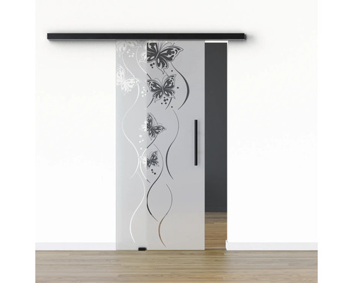 Pertura Glasschiebetür Komplettset Glera Butterfly 02 775x2050 mm Links inkl.Beschlag Selir Aluminium schwarz,Stangengriff Glasschiebetür mit Schmetterlingsmotiv